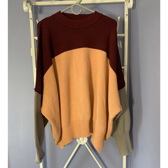 Oversize md Free People Red and Orange Colorblock Pullover Sweater - Picture 4 of 12